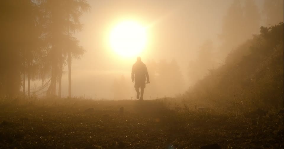 Tunn: in silhouette, he walks on into the light between the trees, with nothing in his hands